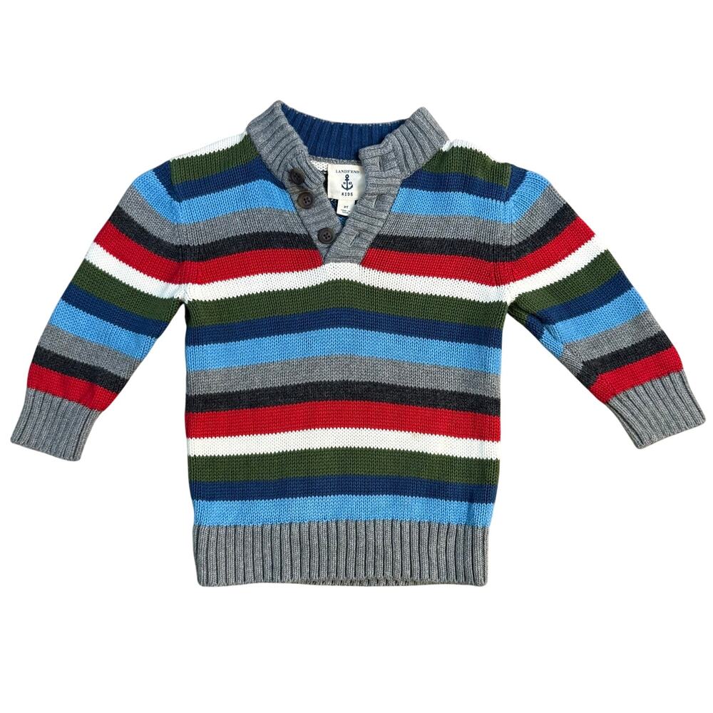 Lands’ End Kids Sweater Horizontal Stripe 100% Cotton Henley Buttons Heavy 2T